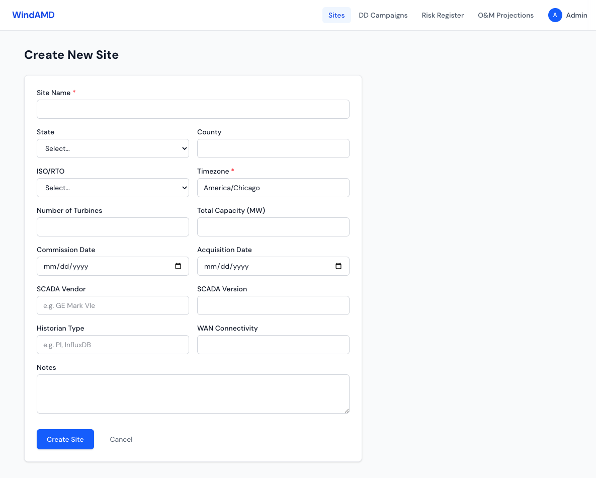 Create new site form